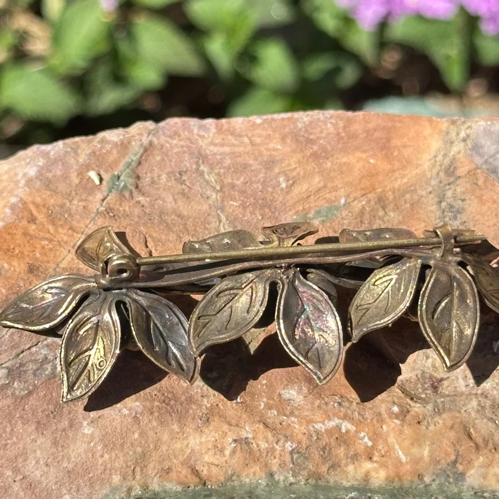 Antique Brass Floral Rose Brooch Trio - Bronze Toned Flower Pin 3” x 1”